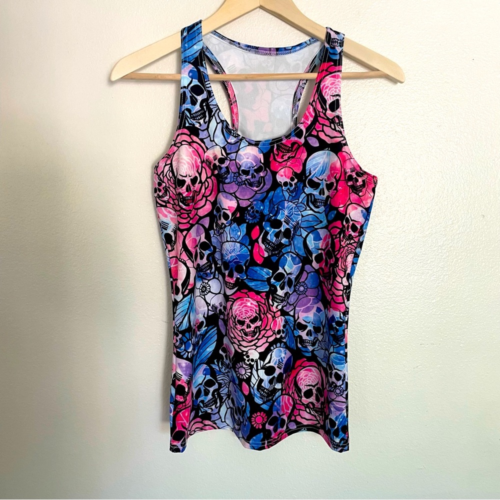Gothic Sugar Skull & Roses Racerback Tank Top Neon Pink Blue Grunge Gym XL